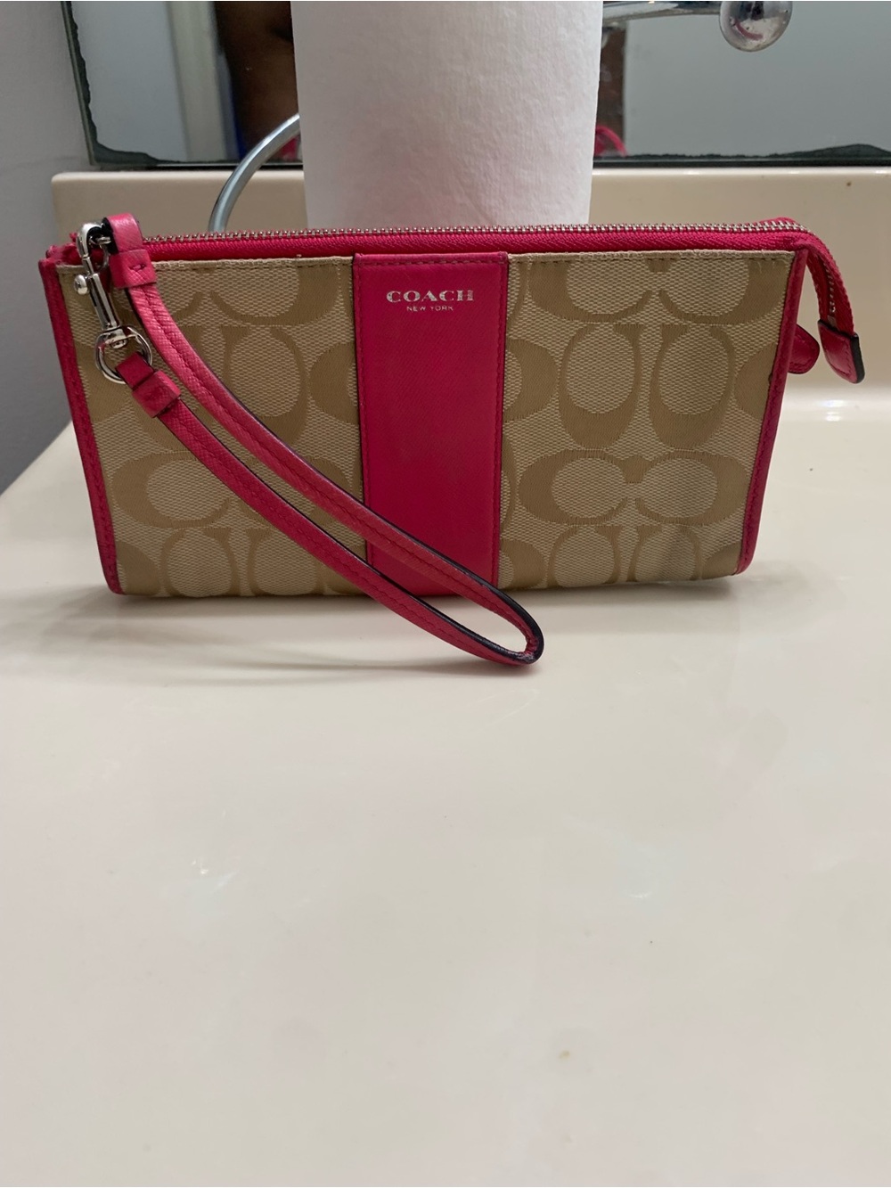 Coach Canvas Wristlet with Fuchsia Trim